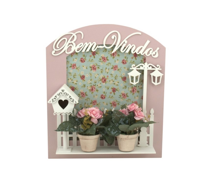 ENFEITE DE PORTA - PAINEL JARDIM COM VASOS FLORES (ROSÊ)